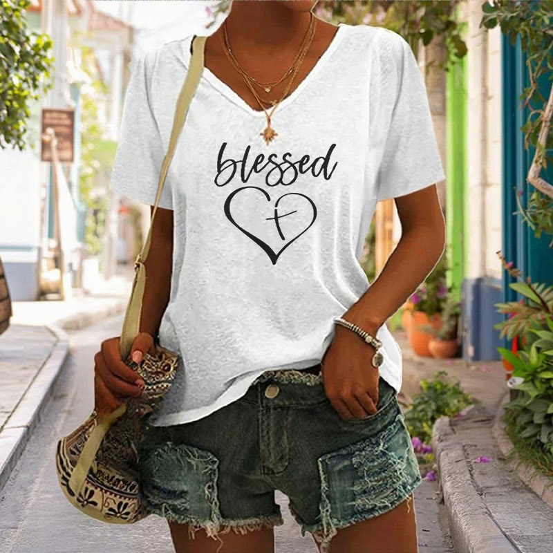 Christianartworkshop Women's Blessed Love Cross Jesus Has My Back Print V-Neck T-shirt - image 1