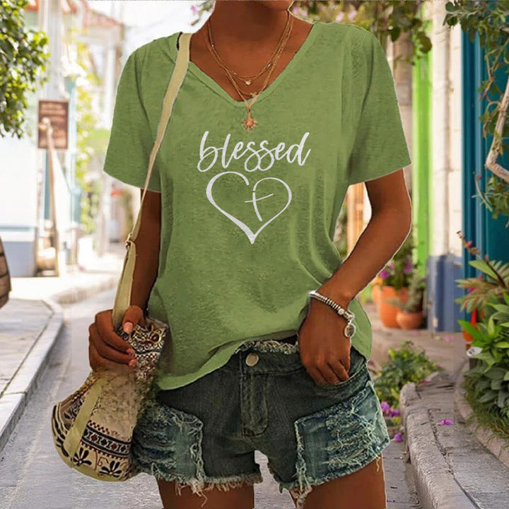 Christianartworkshop Women's Blessed Love Cross Jesus Has My Back Print V-Neck T-shirt - image 6