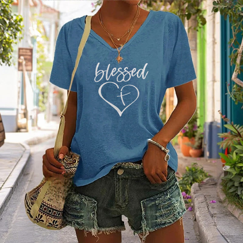 Christianartworkshop Women's Blessed Love Cross Jesus Has My Back Print V-Neck T-shirt - image 8