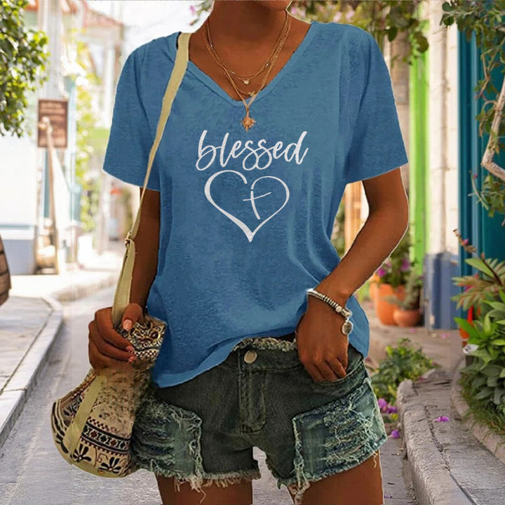 Christianartworkshop Women's Blessed Love Cross Jesus Has My Back Print V-Neck T-shirt - image 8