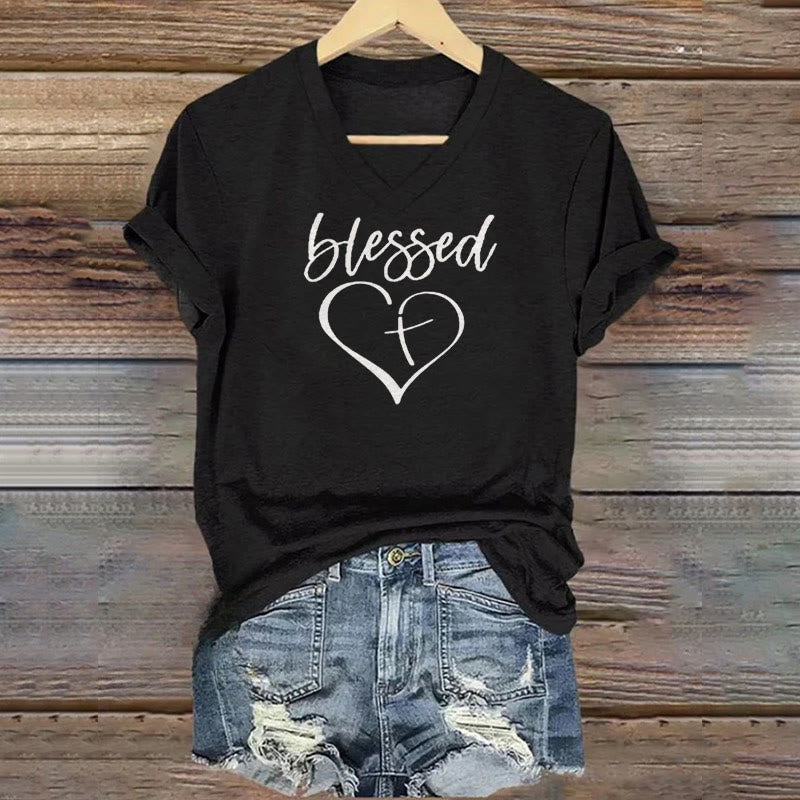 Christianartworkshop Women's Blessed Love Cross Jesus Has My Back Print V-Neck T-shirt - Black - 4XL - image 3