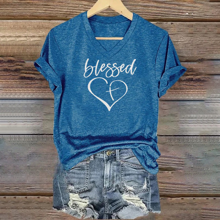 Christianartworkshop Women's Blessed Love Cross Jesus Has My Back Print V-Neck T-shirt - Blue - 4XL - image 7