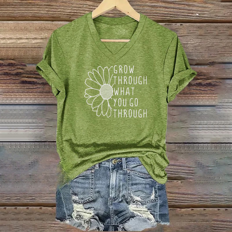 ChristianartworkshopWomen's Grow Through What You Go Through Print V-Neck T-shirt