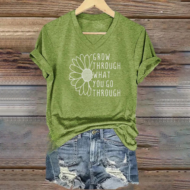 ChristianartworkshopWomen's Grow Through What You Go Through Print V-Neck T-shirt