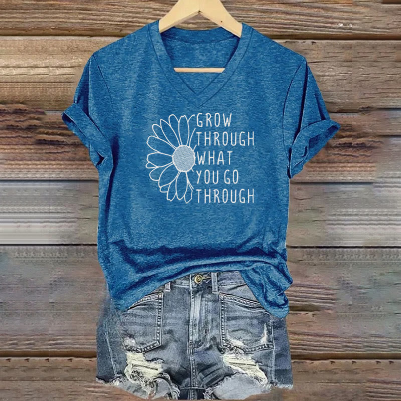 ChristianartworkshopWomen's Grow Through What You Go Through Print V-Neck T-shirt - Blue - 4XL - image 1