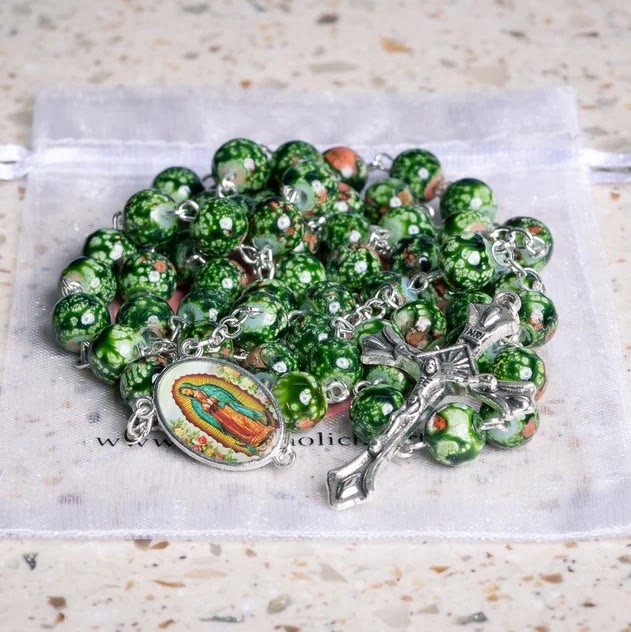 Christianartworkshop Our Lady Medal & Crucifix of 8mm Green Glass Beads Rosary—Blessed Symbol of Faith - image 7