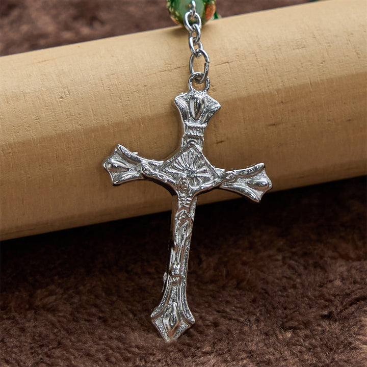 Christianartworkshop Our Lady Medal & Crucifix of 8mm Green Glass Beads Rosary—Blessed Symbol of Faith - image 4