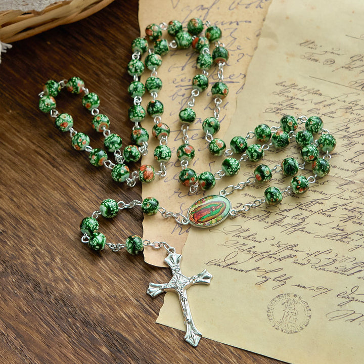 Christianartworkshop Our Lady Medal & Crucifix of 8mm Green Glass Beads Rosary—Blessed Symbol of Faith - image 1