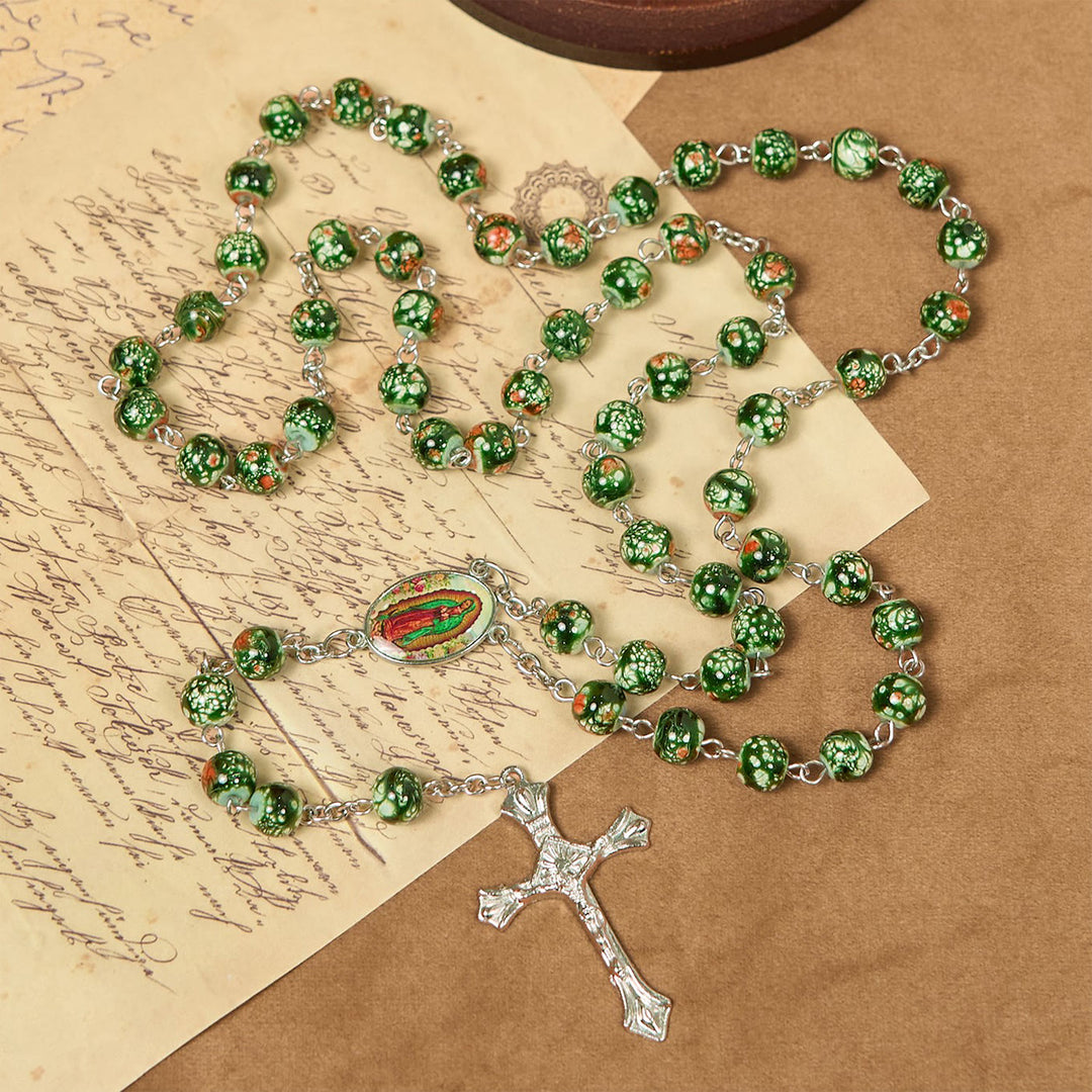 Christianartworkshop Our Lady Medal & Crucifix of 8mm Green Glass Beads Rosary—Blessed Symbol of Faith - image 6