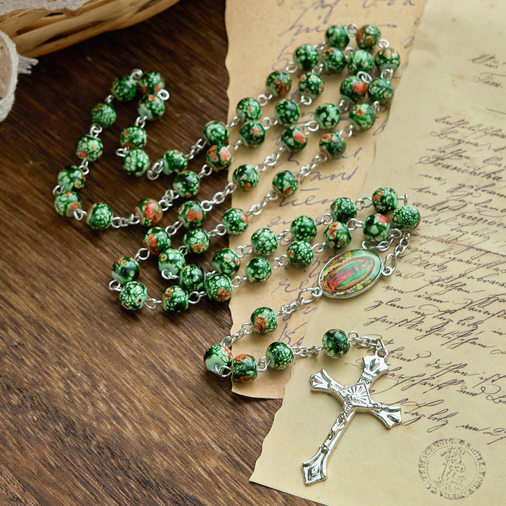 Christianartworkshop Our Lady Medal & Crucifix of 8mm Green Glass Beads Rosary—Blessed Symbol of Faith - Our Lady Medal & Crucifix - image 0