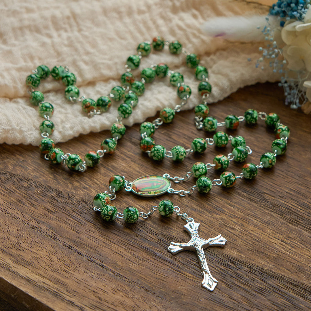 Christianartworkshop Our Lady Medal & Crucifix of 8mm Green Glass Beads Rosary—Blessed Symbol of Faith - image 2
