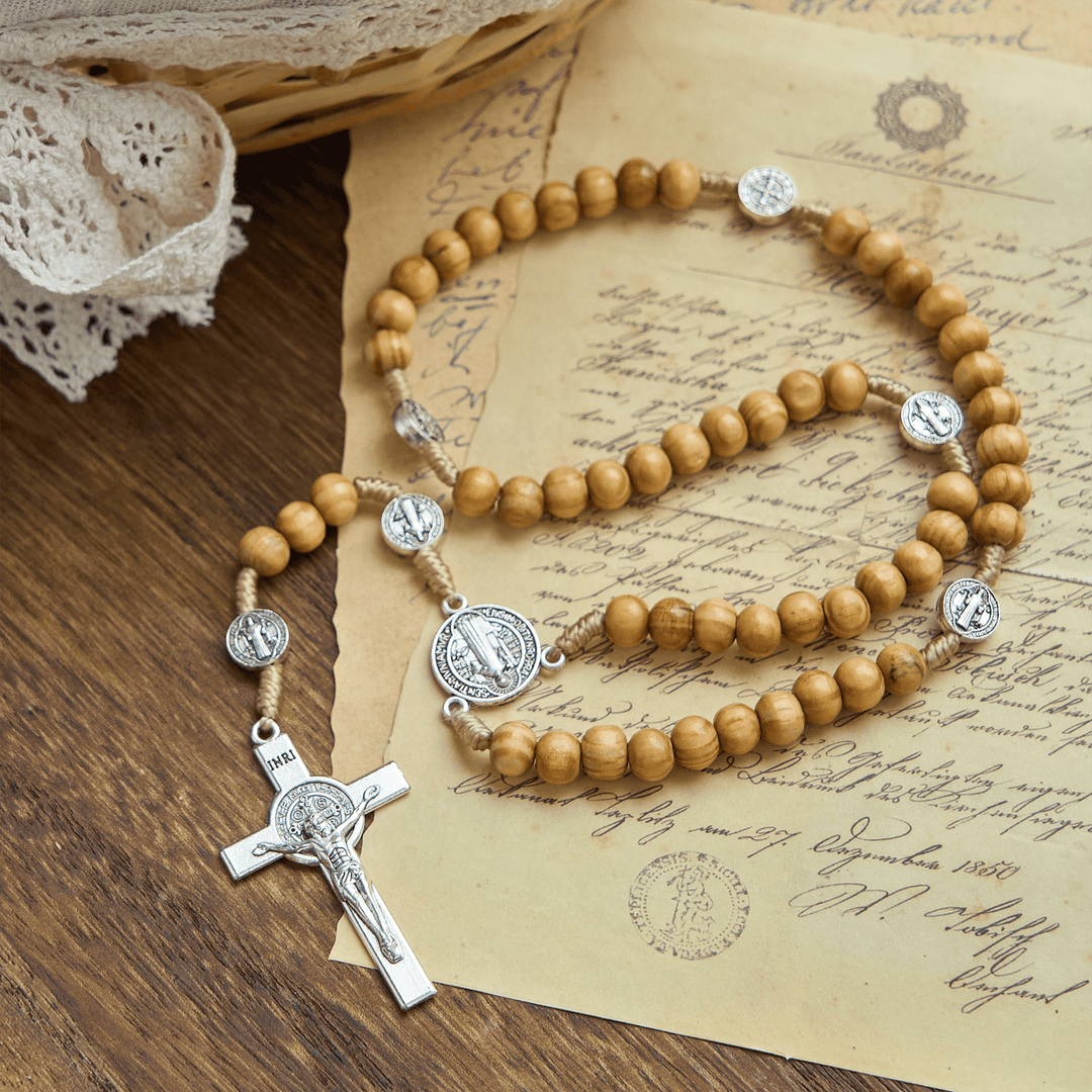 Christianartworkshop St. Benedict & Crucifix of 8mm Olive Wood Round Beads Rosary: Blessed Devotion in Every Bead - Wood - image 0