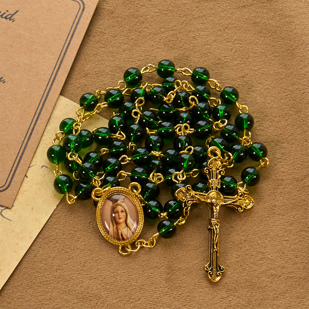Christianartworkshop Vintage Green Glass Bead Rosary with Virgin Mary and Crucifix: Faith - Filled Heirloom - Virgin Mary Medal & Crucifix - image 0