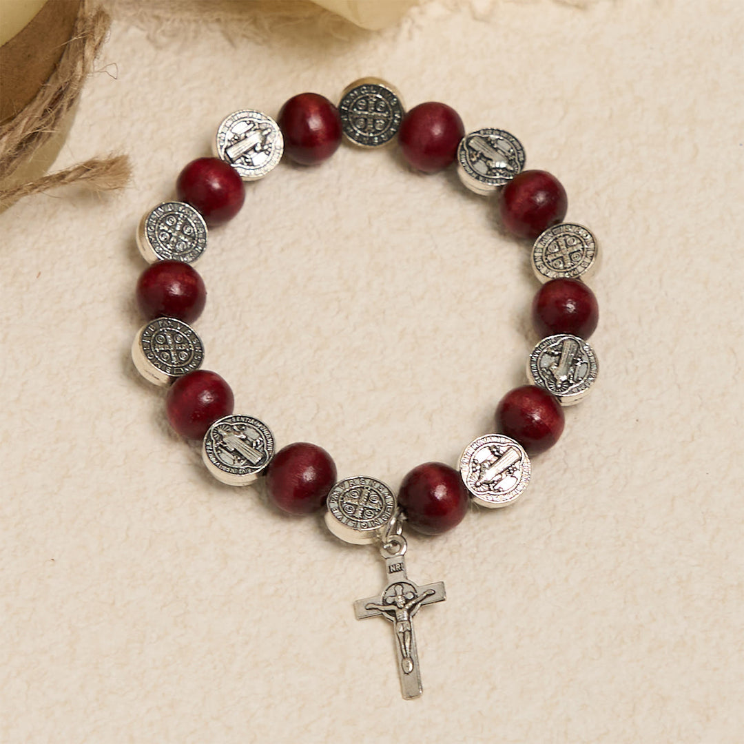 Christianartworkshop Vintage Style St. Benedict Pendant and Red Beads Bracelet: Cherished Symbol of Holy Guidance - Red Beads - image 1