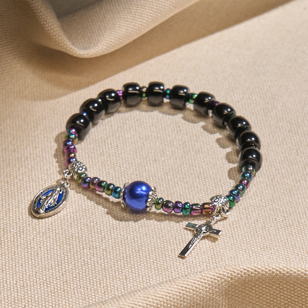 Christianartworkshop Ebony and Blue Agate with Our Lady Medal & Crucifix Bracelet - image 2