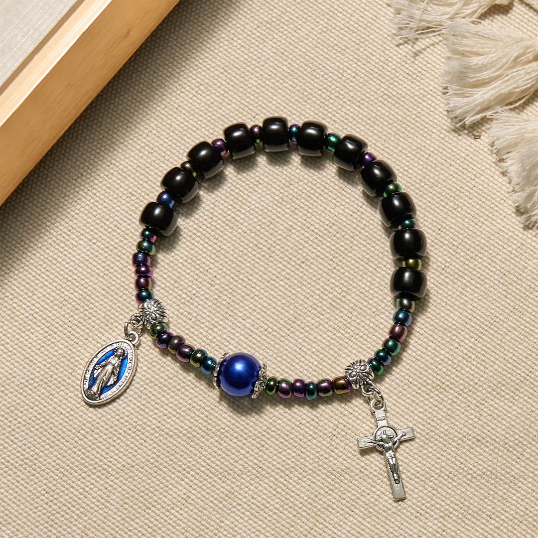 Christianartworkshop Ebony and Blue Agate with Our Lady Medal & Crucifix Bracelet - Ebony Beads - image 1