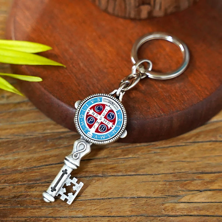 Christianartworkshop Exquisite Enamel - Inlaid St. Benedict & Cross Keychain: Memento of Divine Grace - Light Blue (A) - image 0