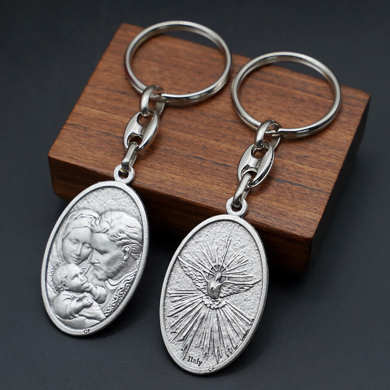 Christianartworkshop Retro Style Crafted Holy Family & Holy Spirit Pendant Keychain: Gleaming Symbol of Familial Unity - Holy Family & Holy Spirit - image 0
