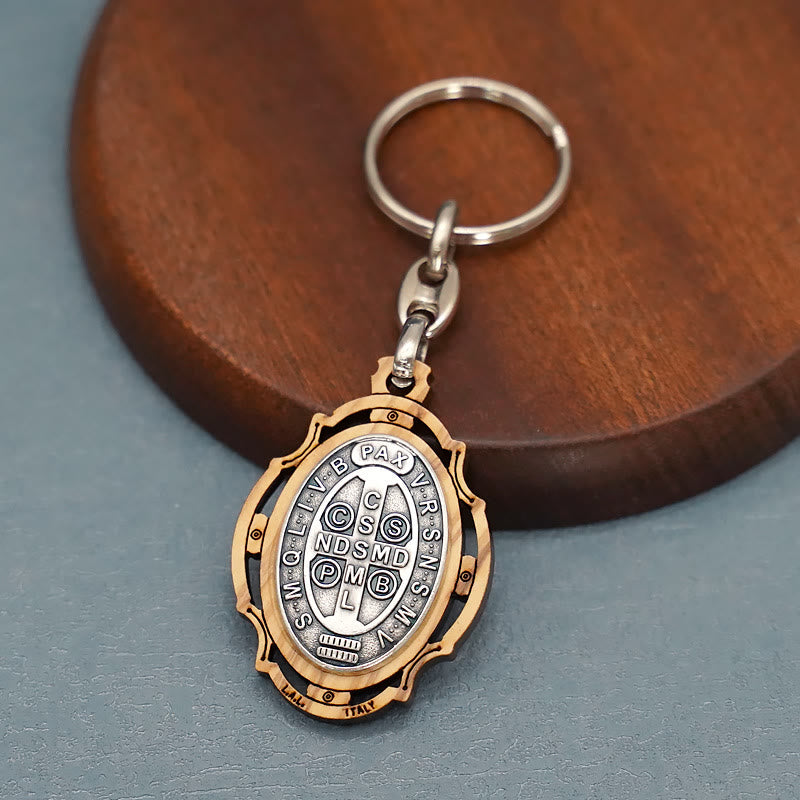 Christianartworkshop Wooden Crafted St. Benedict Medal Keychain: Contemporary Badge of Spiritual Defense - St. Benedict - image 0
