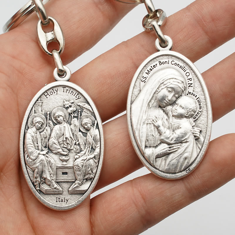 Christianartworkshop Elegant Oxidized Alloy Holy Trinity & Mother of Good Counsel Keychain: A Symbol of Divine Love - image 1