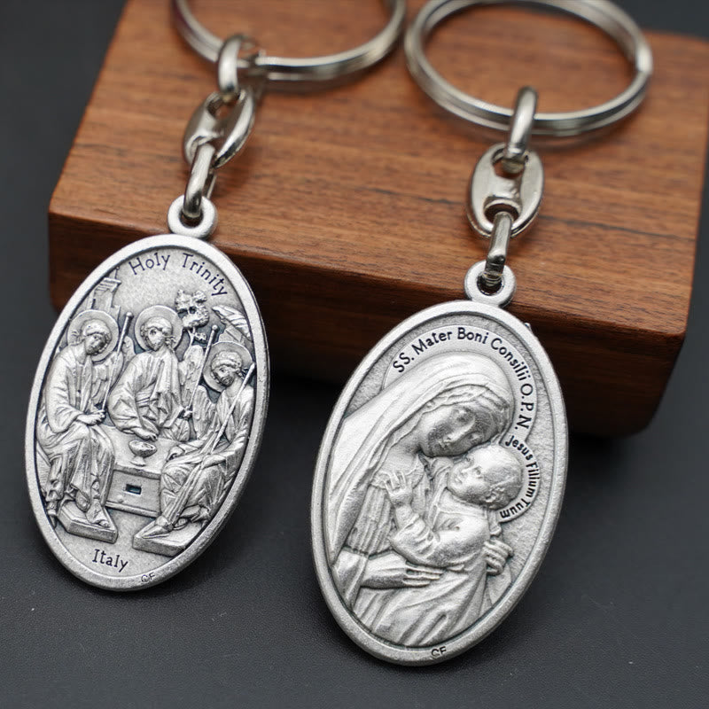 Christianartworkshop Elegant Oxidized Alloy Holy Trinity & Mother of Good Counsel Keychain: A Symbol of Divine Love - Holy Trinity & Mother of Good Counsel - image 0