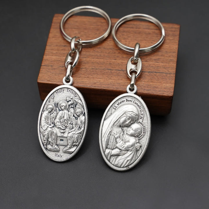 Christianartworkshop Elegant Oxidized Alloy Holy Trinity & Mother of Good Counsel Keychain: A Symbol of Divine Love - image 3