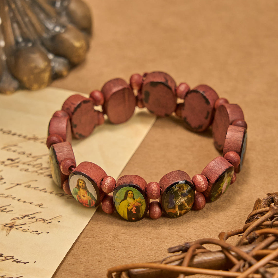 Christianartworkshop Classic Wooden Bead Stretch Bracelet with Mary, Jesus & Saints Icons - Wood - image 1