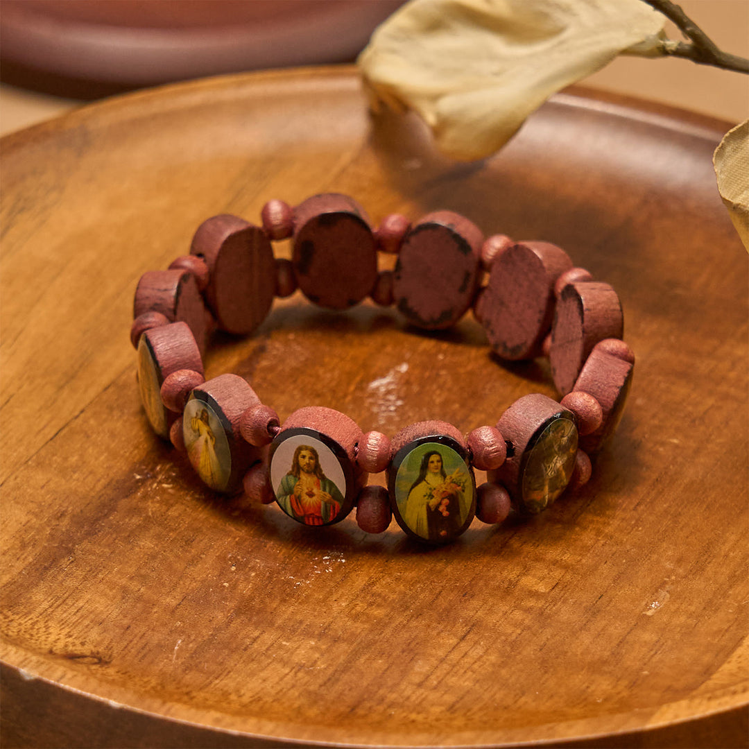 Christianartworkshop Classic Wooden Bead Stretch Bracelet with Mary, Jesus & Saints Icons - image 5