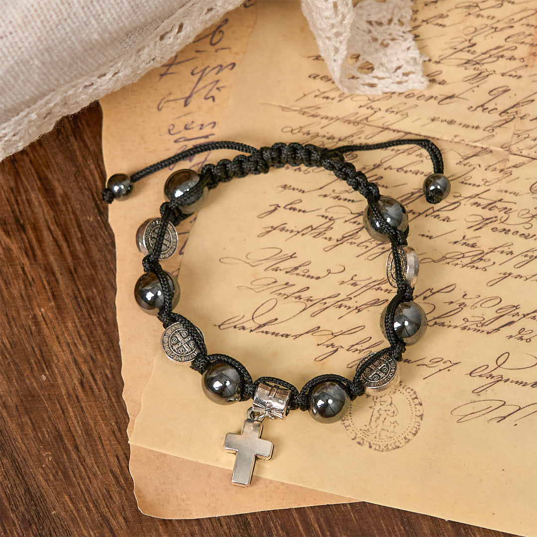 Christianartworkshop Hematite Bead Bracelet with Cross & St. Benedict: Solemn Reminder of Spiritual Roots - St. Benedict - image 1
