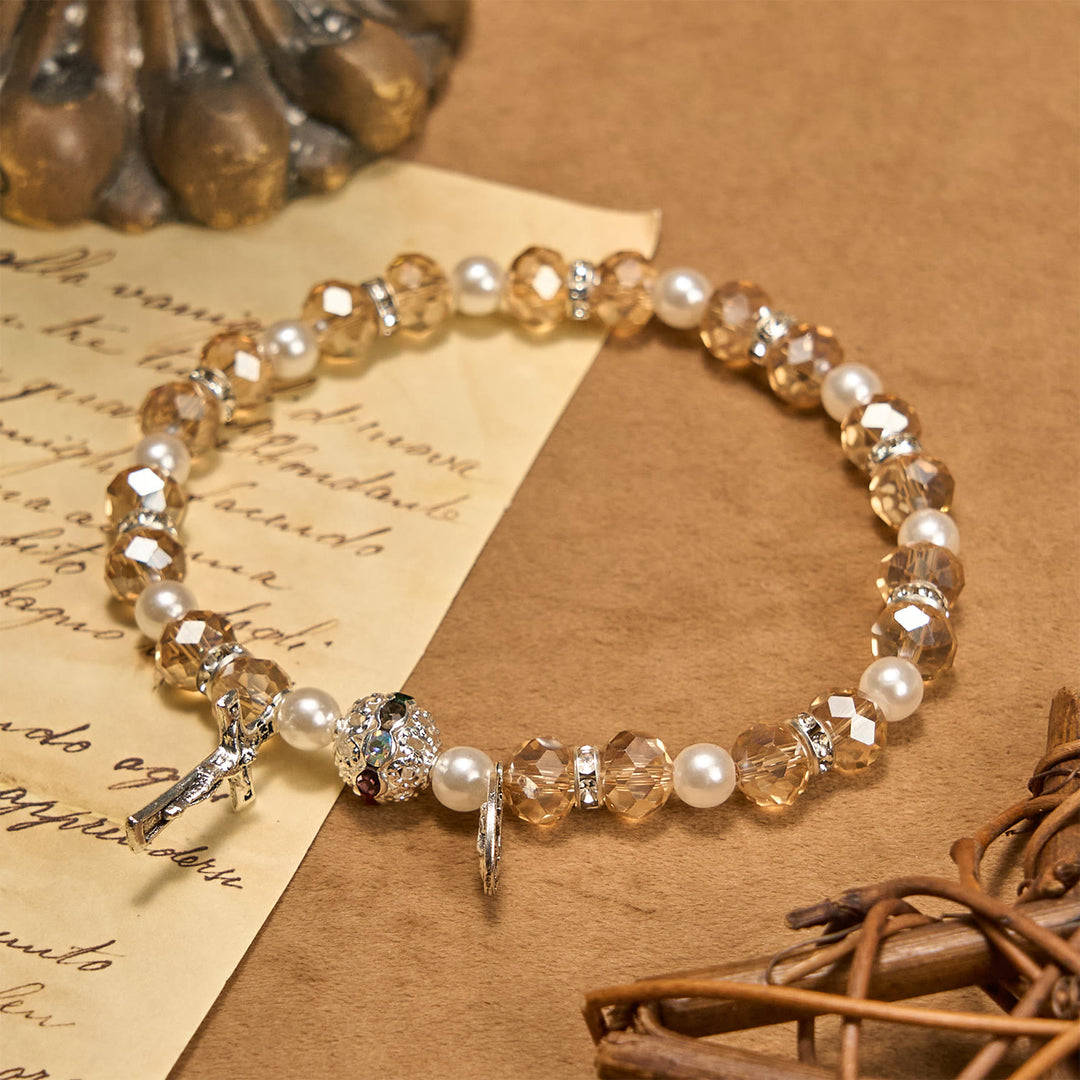 Christianartworkshop Modern Clear Crystal Stretch Braceletwith Crucifix & Miraculous Medal: Contemporary Faith Statement - Champagne - image 6