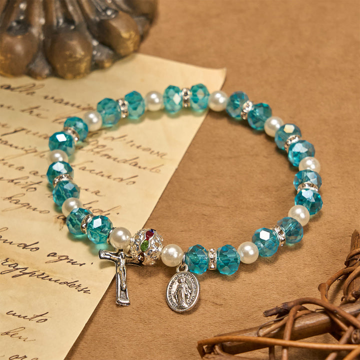 Christianartworkshop Modern Clear Crystal Stretch Braceletwith Crucifix & Miraculous Medal: Contemporary Faith Statement - Lake Blue - image 0