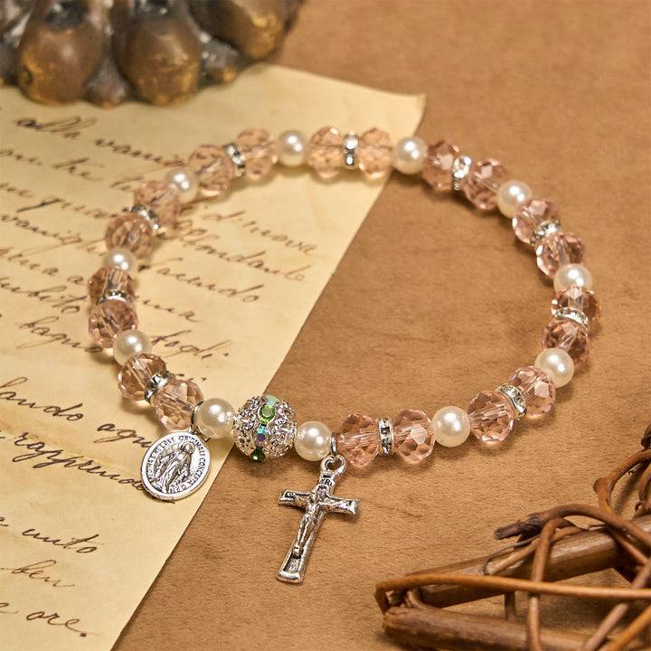 Christianartworkshop Modern Clear Crystal Stretch Braceletwith Crucifix & Miraculous Medal: Contemporary Faith Statement - Light Pink - image 16