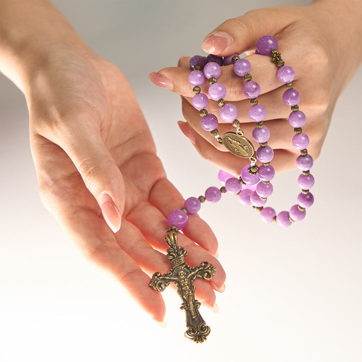 Christianartworkshop Thanksgiving Day: Purple Garnet Chalcedony Rosary with Crucifix & St. Benedict: Graceful Spiritual Bond - image 1