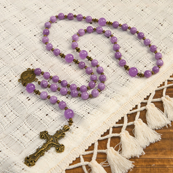 Christianartworkshop Thanksgiving Day: Purple Garnet Chalcedony Rosary with Crucifix & St. Benedict: Graceful Spiritual Bond - image 5