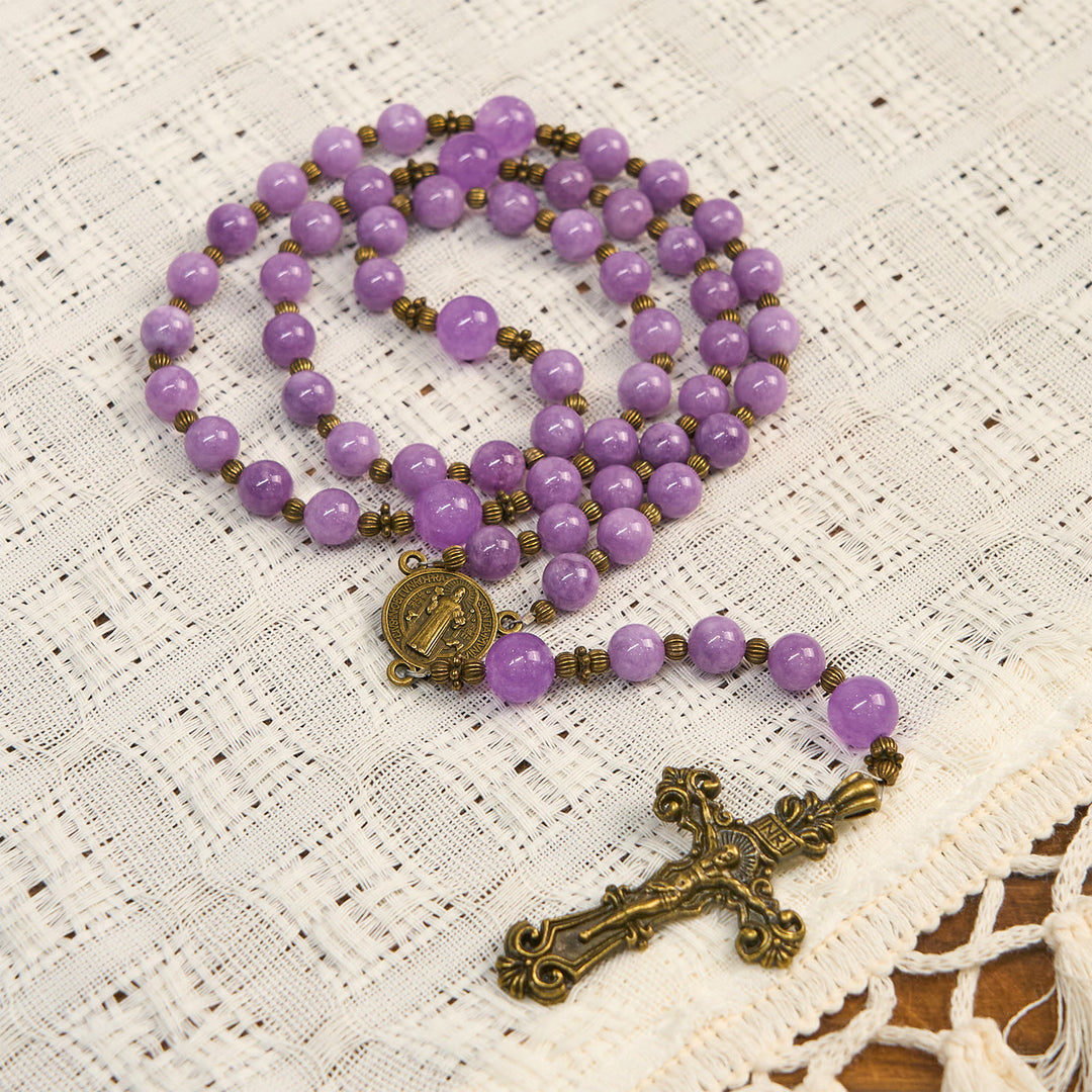 Christianartworkshop Thanksgiving Day: Purple Garnet Chalcedony Rosary with Crucifix & St. Benedict: Graceful Spiritual Bond - image 4