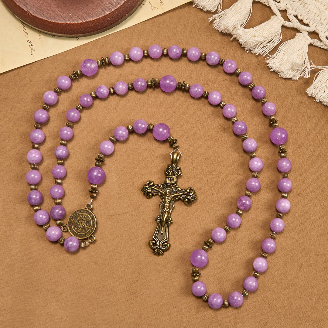 Christianartworkshop Thanksgiving Day: Purple Garnet Chalcedony Rosary with Crucifix & St. Benedict: Graceful Spiritual Bond - image 3
