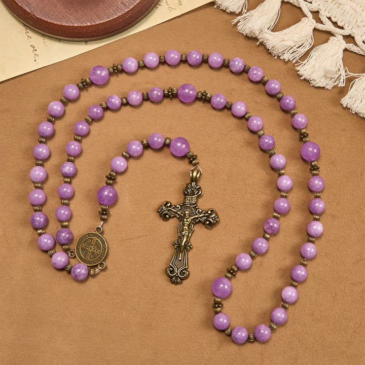 Christianartworkshop Thanksgiving Day: Purple Garnet Chalcedony Rosary with Crucifix & St. Benedict: Graceful Spiritual Bond - image 3