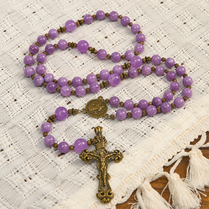 Christianartworkshop Thanksgiving Day: Purple Garnet Chalcedony Rosary with Crucifix & St. Benedict: Graceful Spiritual Bond - image 2