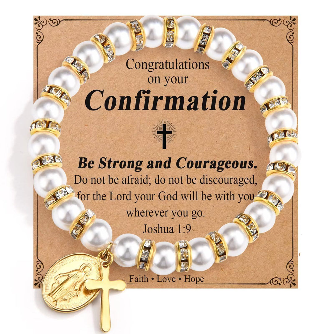 Christianartworkshop Modern Pearl Bracelet with Golden Miraculous Medal & Blessing Card: Opulent Communion - Confirmation - image 1