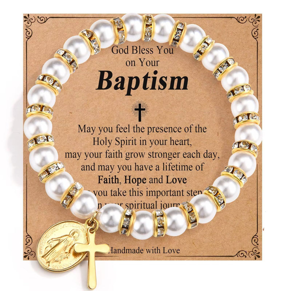 Christianartworkshop Modern Pearl Bracelet with Golden Miraculous Medal & Blessing Card: Opulent Communion - Baptism - image 2