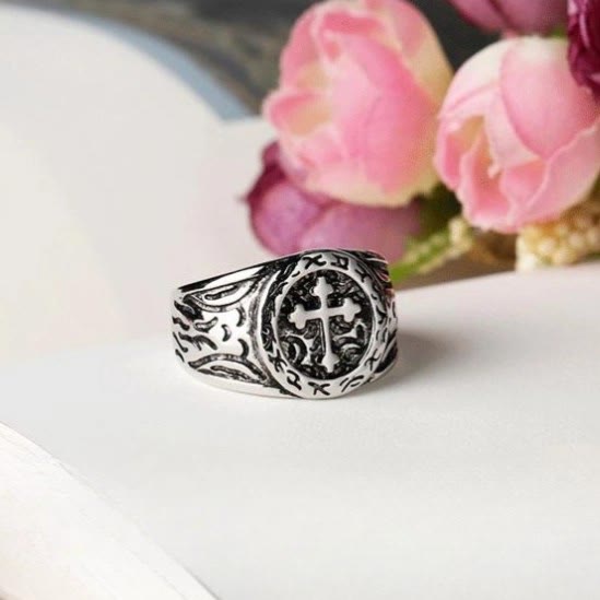Christianartworkshop Classic Silver Cross Ring with Ornate Patterns: Handmade Relic of Faith - image 1