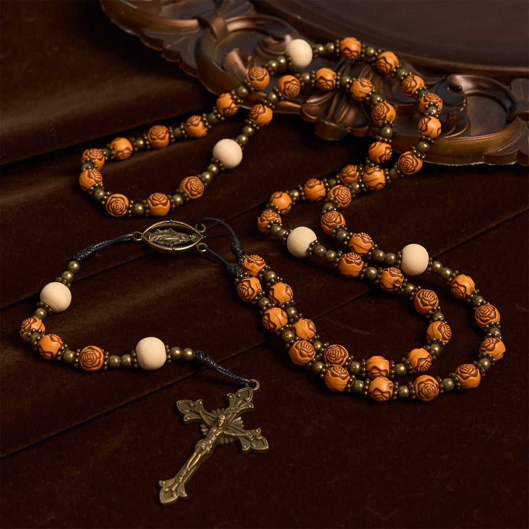 Christianartworkshop Exquisite Rose Beads with Bronze Crucifix & Miraculous Medal Rosary - Wood - image 0
