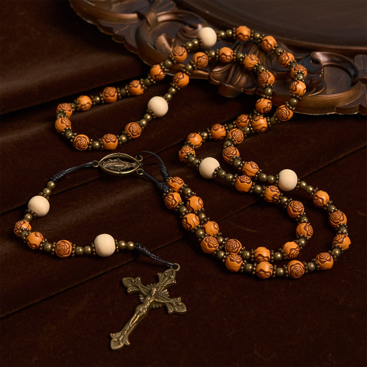 Christianartworkshop Exquisite Rose Beads with Bronze Crucifix & Miraculous Medal Rosary - Wood - image 0