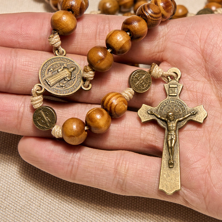 Christianartworkshop 15 Decade Olive Wood Rosary with St. Benedict, Crucifix & Waist Chain Design—Divine Devotion in Dual Use - image 2