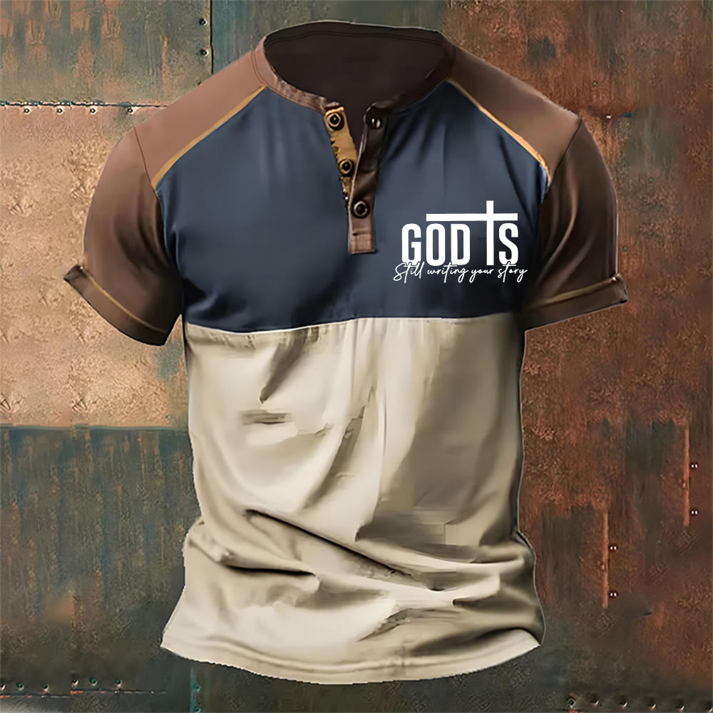 Christianartworkshop Men's God Is Still Writing Your Story Printed Henley Neck T-Shirt - Khaki - 4XL - image 1
