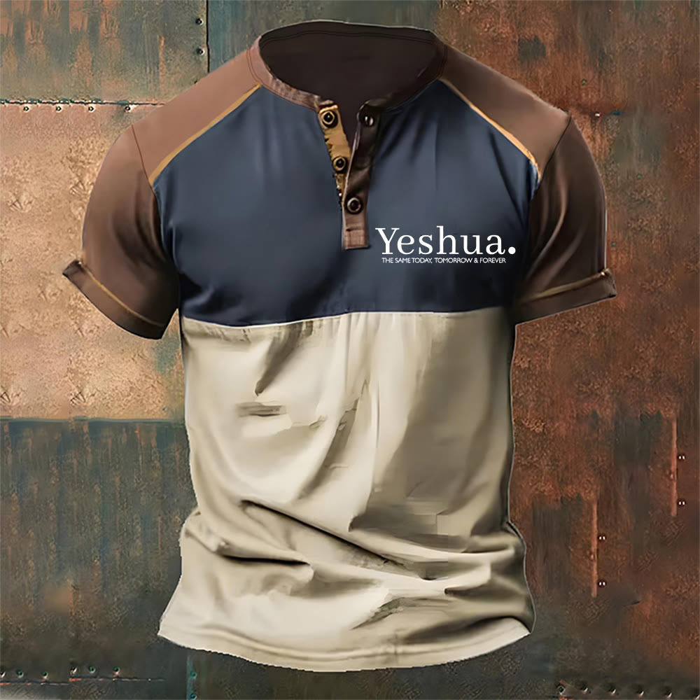 Christianartworkshop Men's Yeshua The Same Today Tomorrow & Forever Henley Neck T-Shirt - Khaki - 4XL - image 1