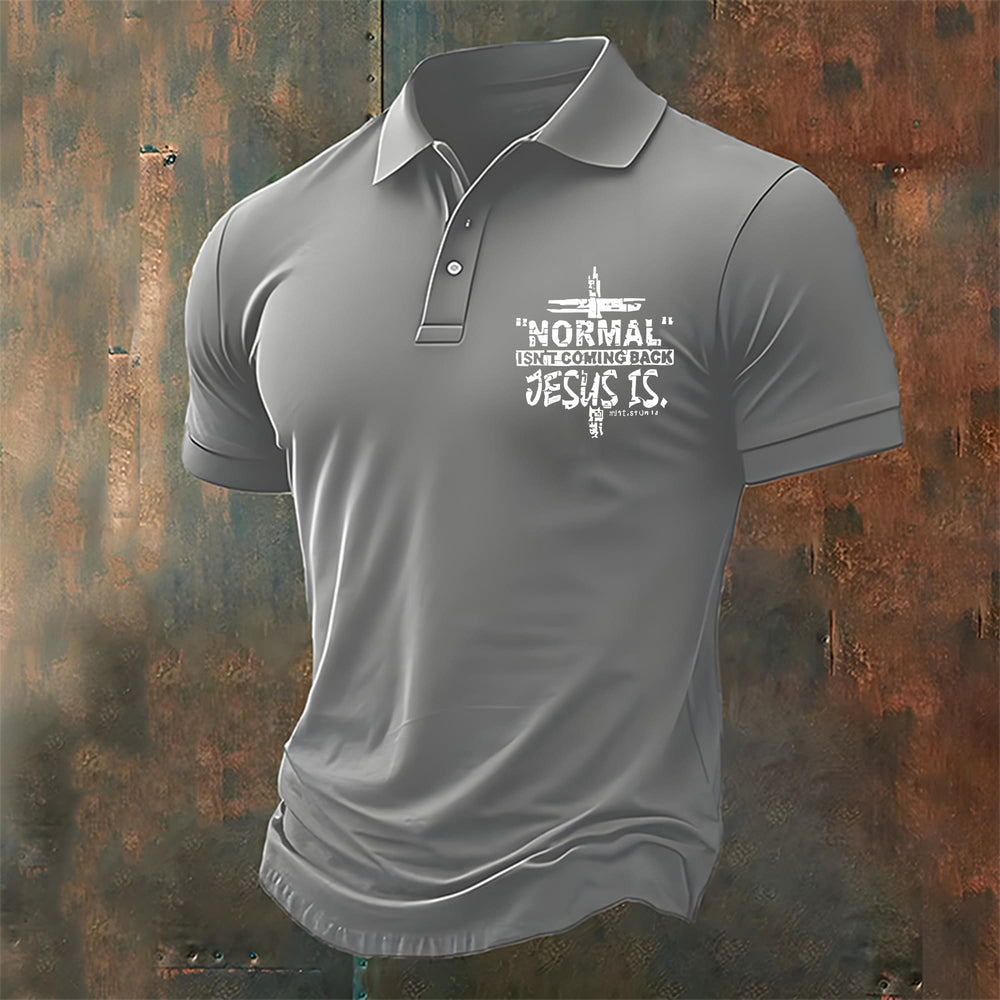 Christianartworkshop Men's Normal isn't Coming Back Jesus is Casual Polo Shirt - Grey - 4XL - image 2