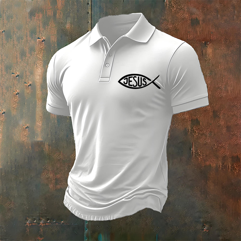 Christianartworkshop Men's Jesus Fish Print Casual Polo Shirt - White - 4XL - image 2