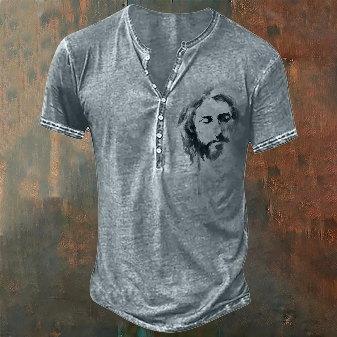 Christianartworkshop Men's Jesus - Inspired Print Henley Neck T-Shirt - Light Gray - 4XL - image 1