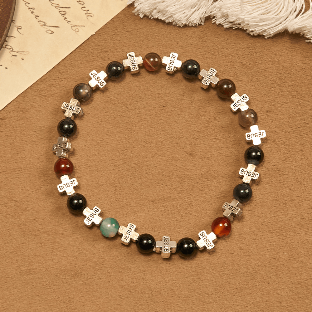 Christianartworkshop Natural Multicolored Agate Bracelet with Two Tone Jesus Cross: Bold Faith Statement - image 2